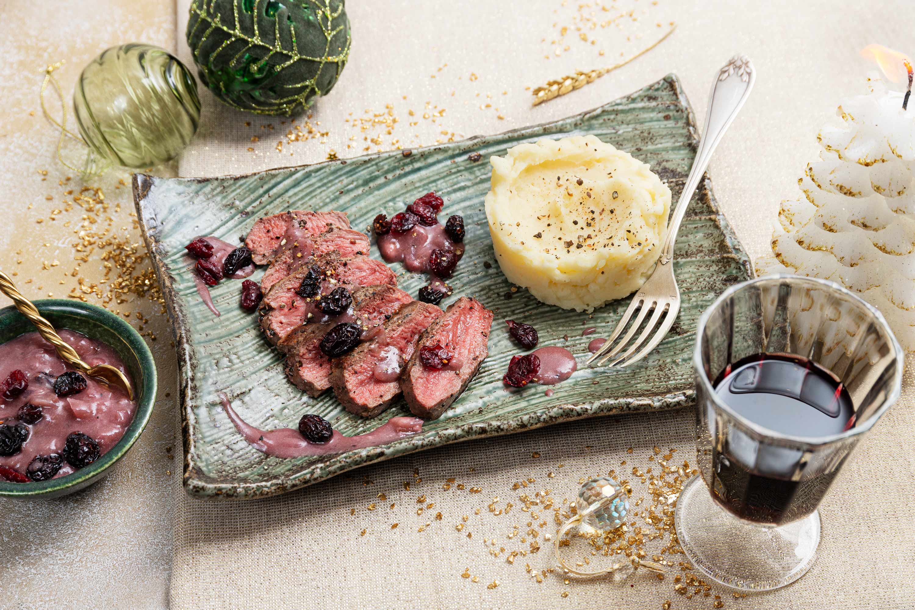 Pavé de rumsteak sauce au vin rouge de Noel