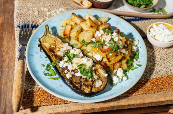 Taktouka (salade marocaine au poivron), pommes de terre et aubergine rôties