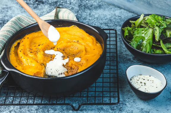 Parmentier d'effiloché de porc à la courge butternut et crème de parmesan